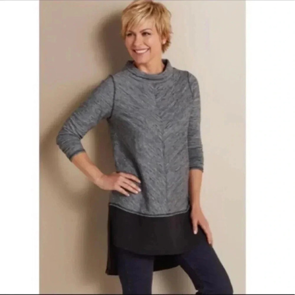 Soft Surroundings York Tiered Pullover Sweater Gray Black Chiffon Lagenlook XL - Picture 1 of 9